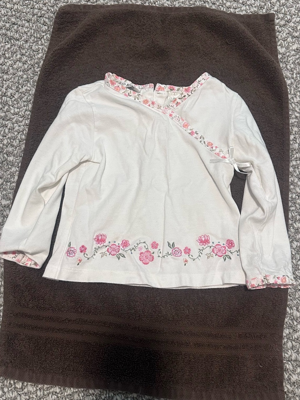 Girls' Floral Trim Long-Sleeve Top - White with Pink Flowers